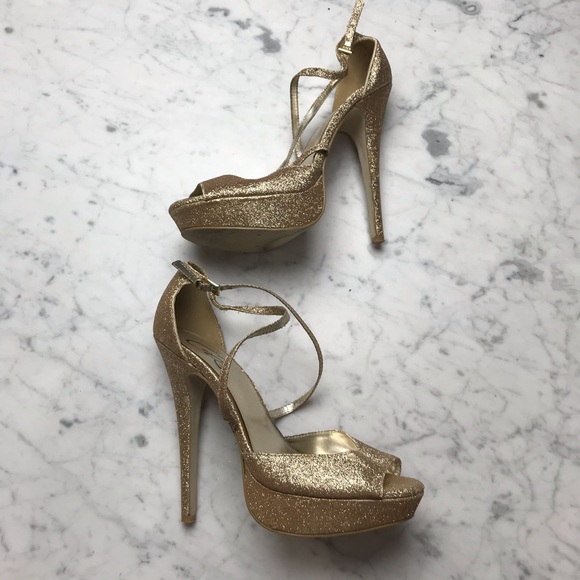 CeCe Gold Glitter Metallic Open Toe Stiletto Heels - Picture 6 of 11